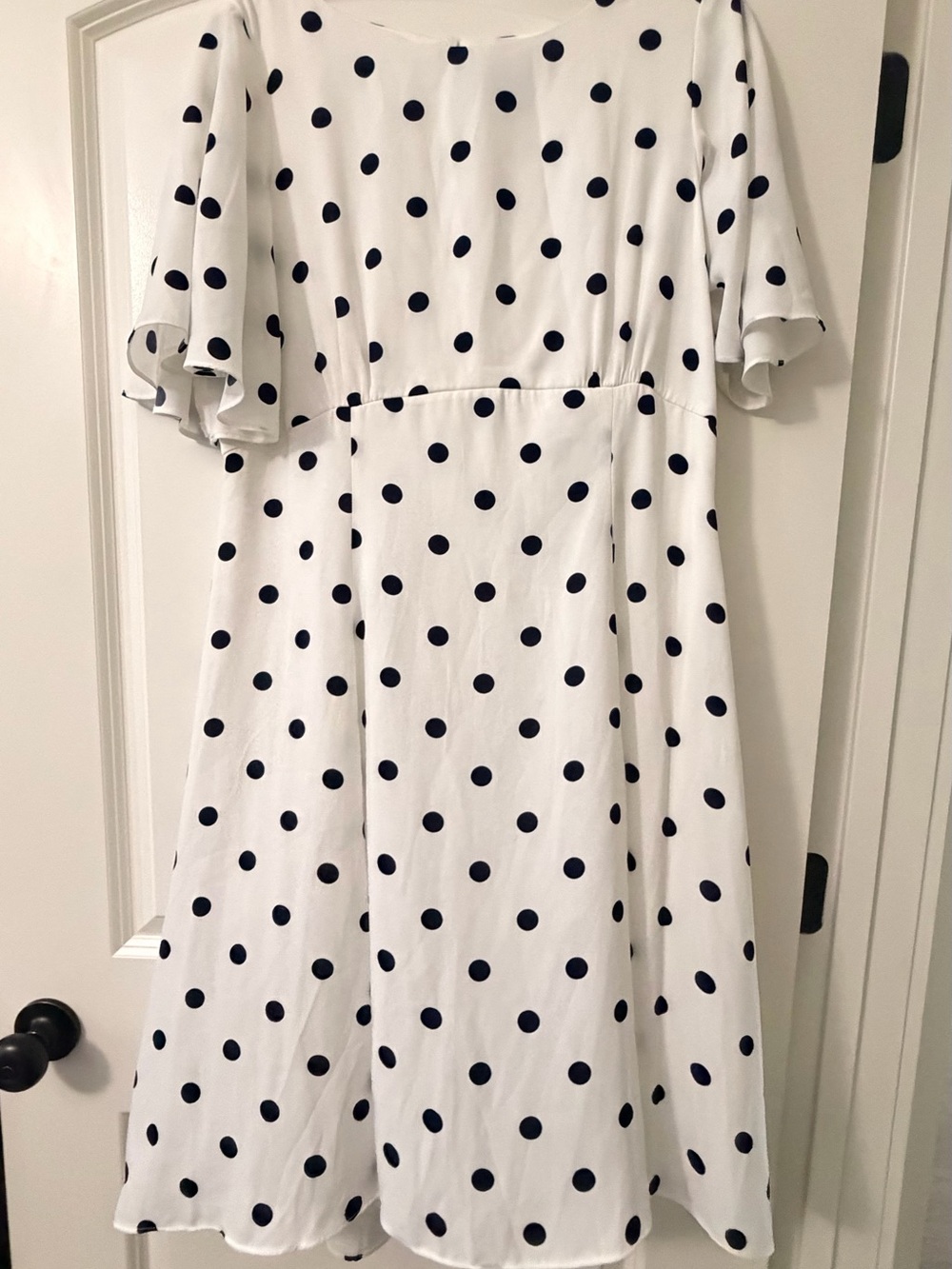 Gabby Skye White Midi Dress with Navy Polka Dots